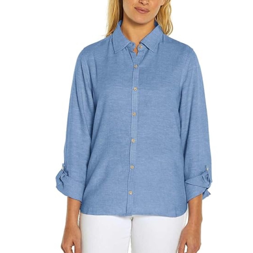 Orvis Chambray Blue Linen Blend Button Down Roll Tab Sleeve Size XXL